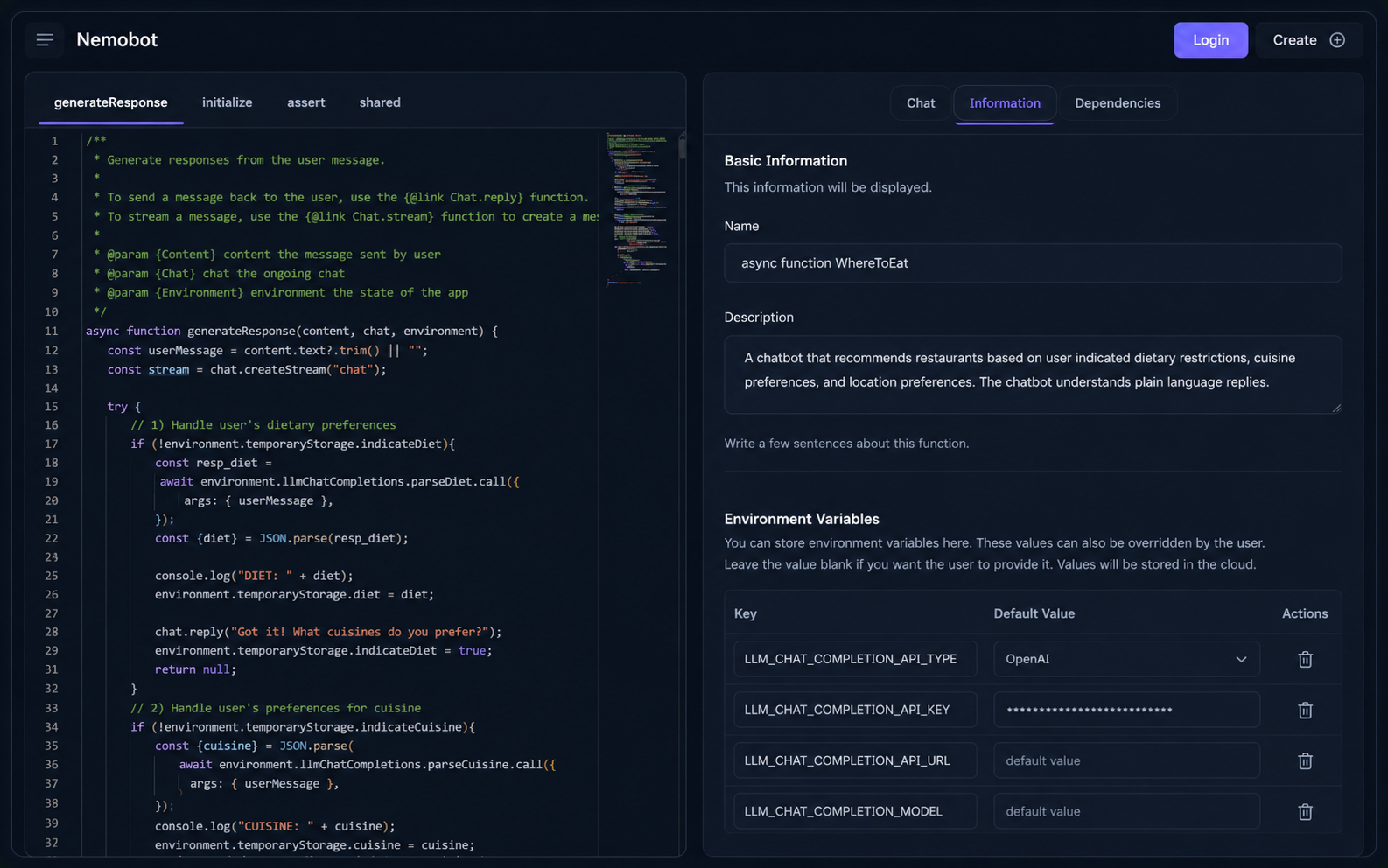 Nemobot AI function builder interface